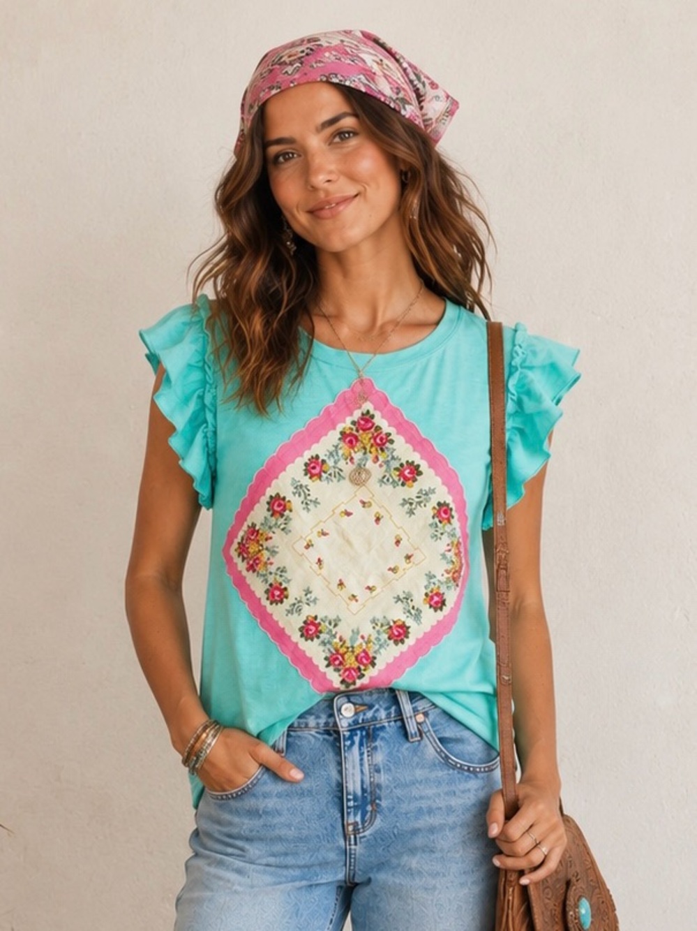 Upcycled Floral Bandana Graphic Ruffle Sleeve Tee - Aqua
